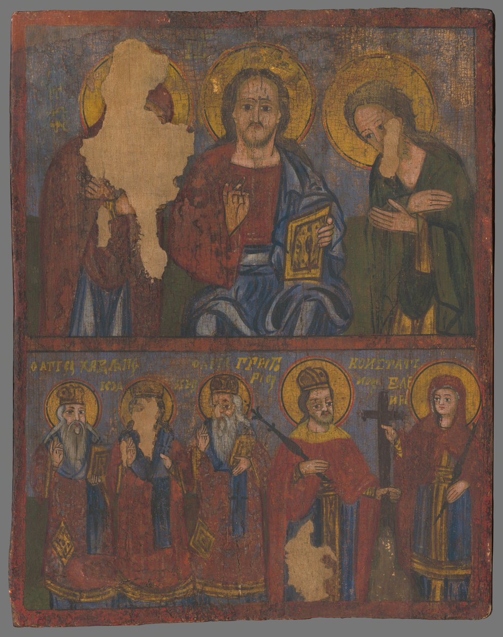 Deesis med St Charlampi, St. Ján Zlatoústy, st. Gregor Naziansky, vol. Constantine och Helena av Unbekannt Unbekannt