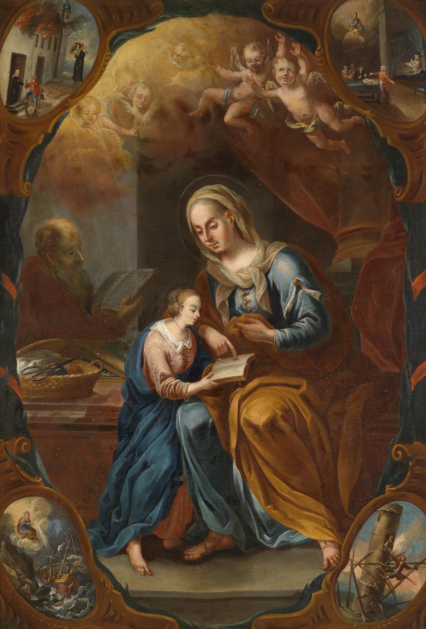 Saint Anne, som lär Maria läsa, skildringar av mirakel i spandren av Unbekannt Unbekannt
