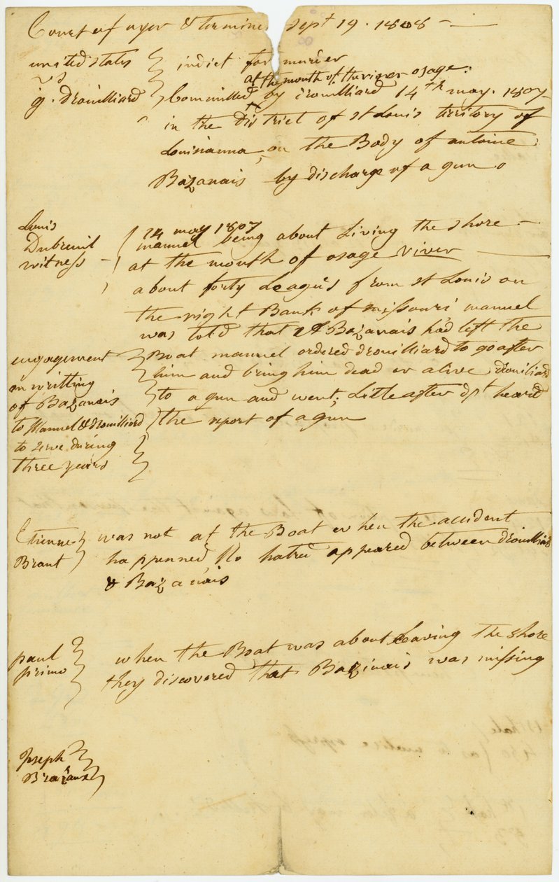 Drouillard åtalades för mordet på Antoine Bazanais [Antoine Bissonet] vid mynningen av floden Osage, 14 maj 1807 av Unbekannt Unbekannt