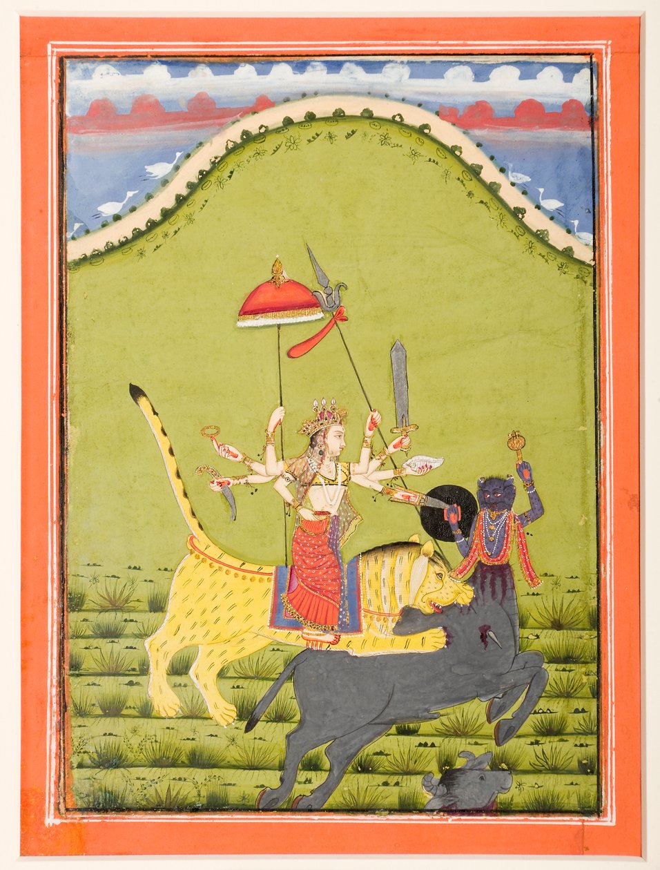 Durga på sin tiger dödar buffeldemonen Mahisha av Unbekannt Unbekannt