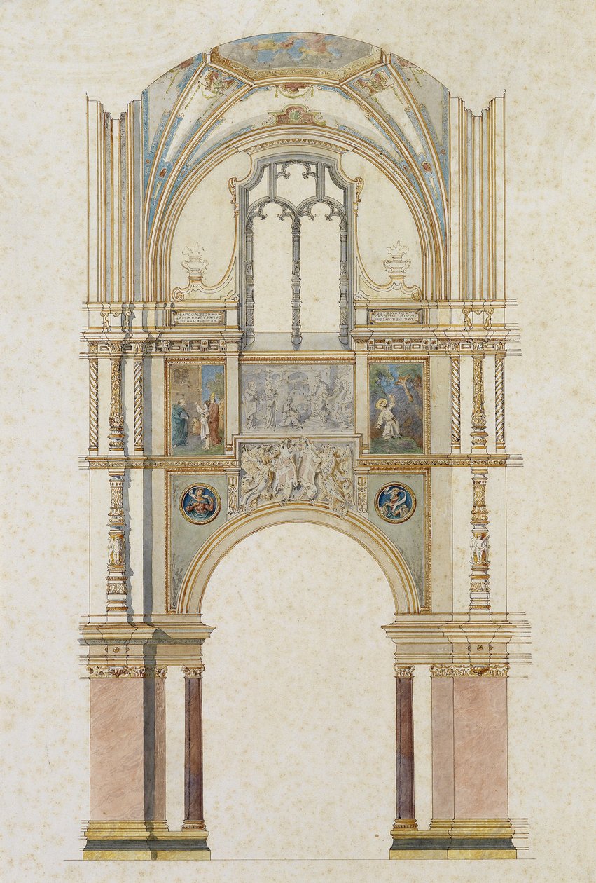 Entwurf für das Seitenjoch einer Kirche mit Fresken aus dem Leben des Hl. Franziskus, aquarellierte Federzeichnung av Unbekannt Unbekannt