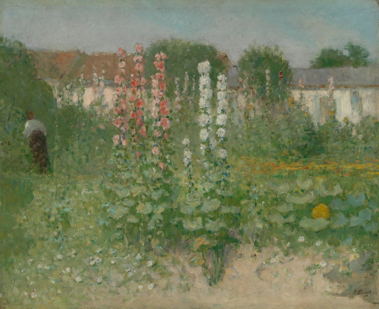 Trädgård med Hollyhocks av Unbekannt Unbekannt