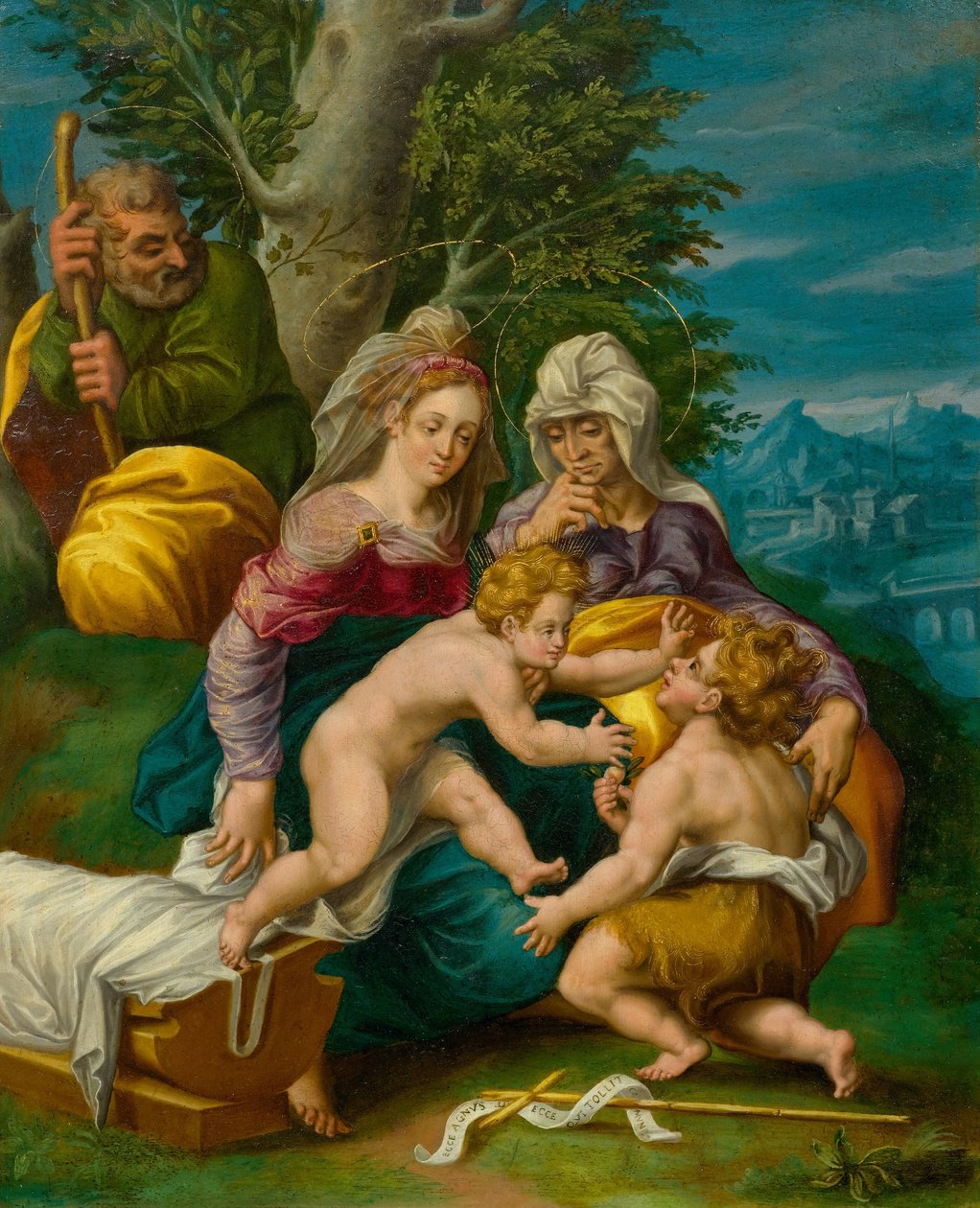 Helig familj med Elisabeth och den unge Johannes Döparen i ett landskap av Unbekannt Unbekannt