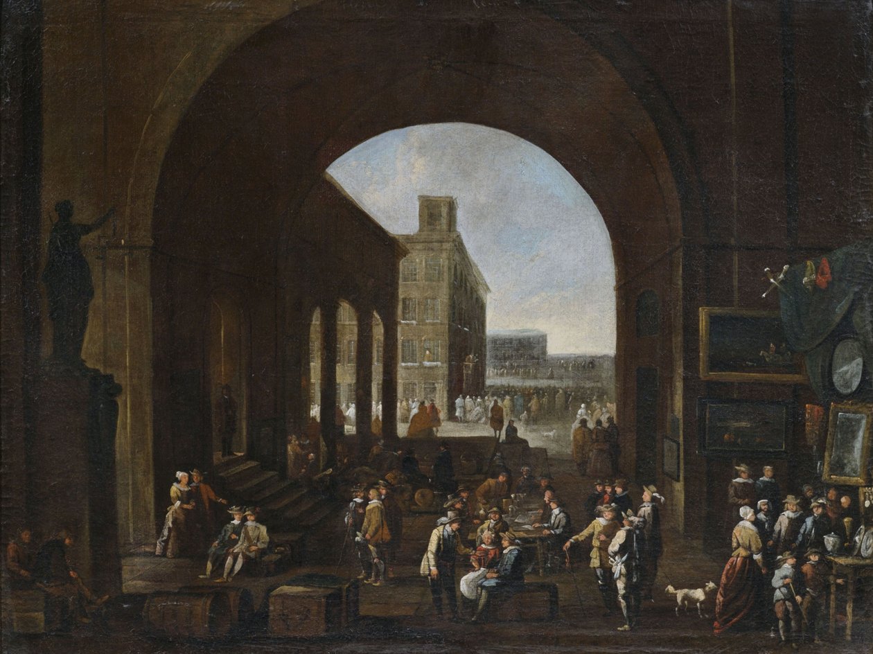 Kunstmarkt unter einem großen Torbogen mit Ausblick auf eine vielbevölkerte italienische Platzanlage av Unbekannt Unbekannt