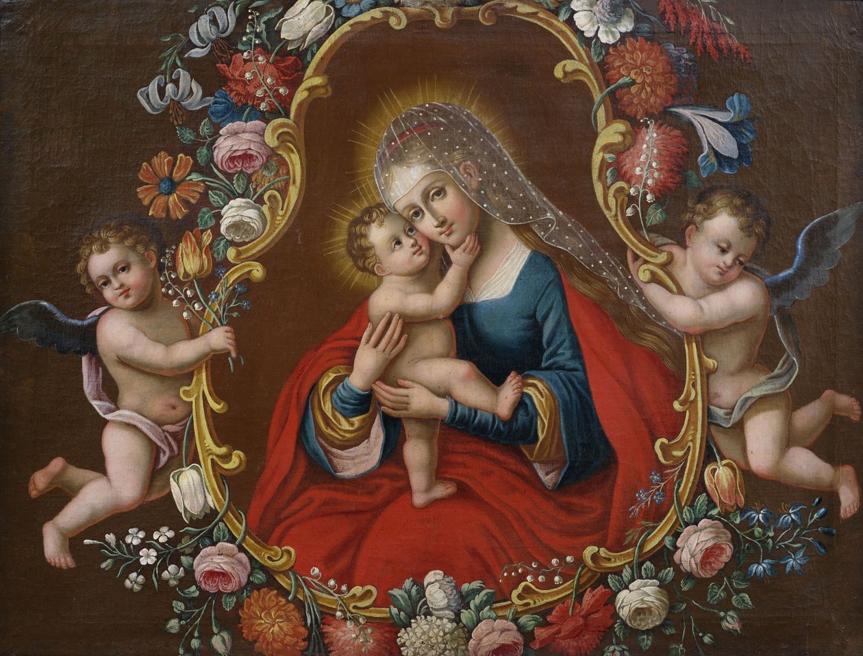 Maria mit dem Kind (Typus Maria Hilf nach Cranach), umrahmt von einer Blumengirlande die von Engeln getragen wird av Unbekannt Unbekannt