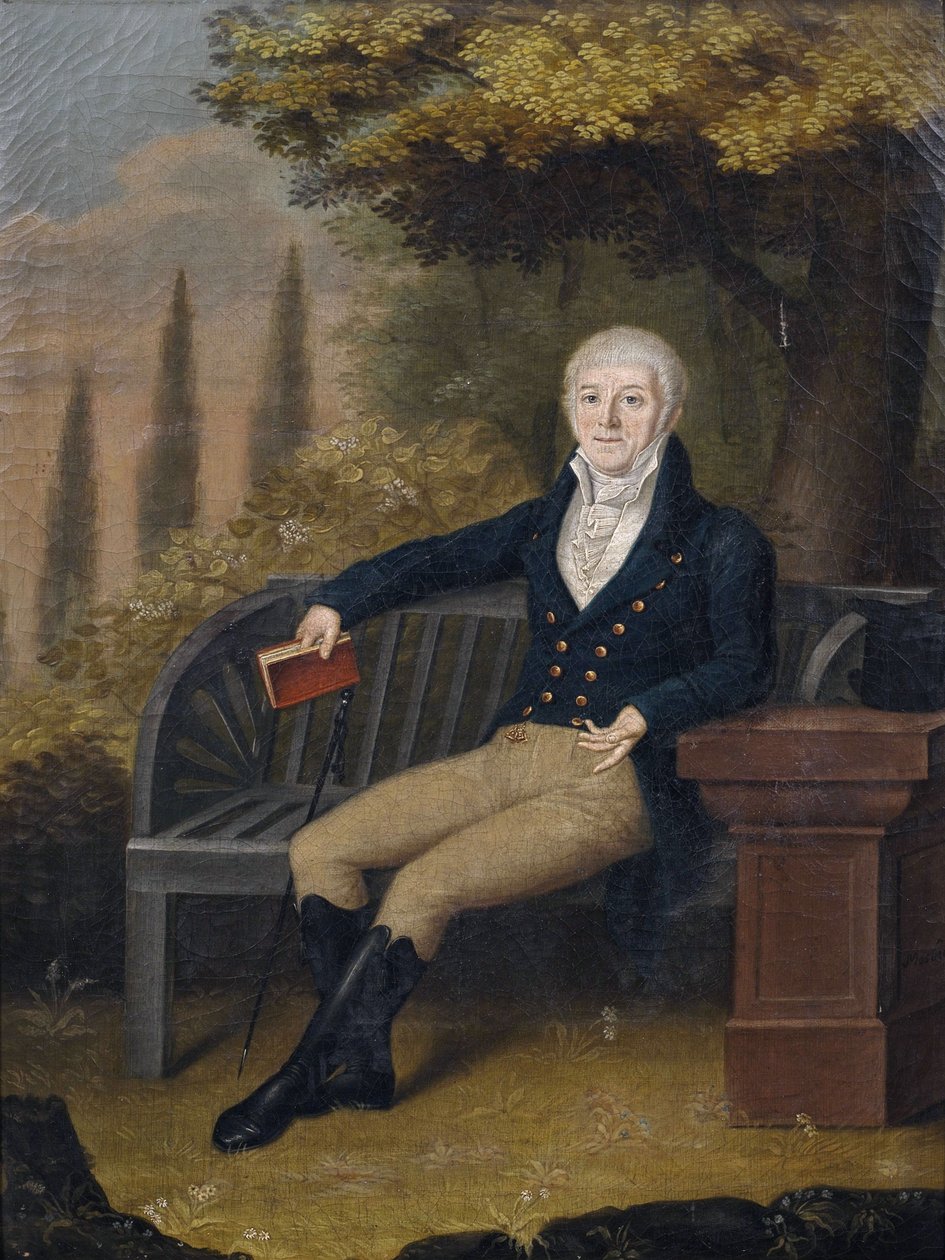 Portrait des Ulmer Buchhändlers Christian Gottlob Ebner (1755-1821) auf einer Parkbank av Unbekannt Unbekannt