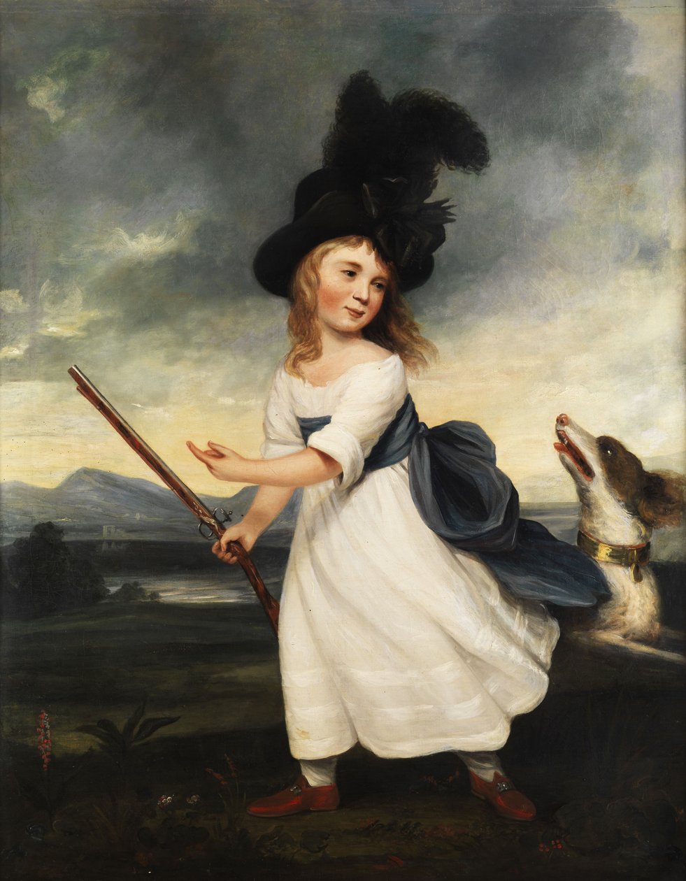 Portrait eines Mädchens in weißem Kleid, mit schwarzem Hut, Gewehr und Jagdhund. av Unbekannt Unbekannt