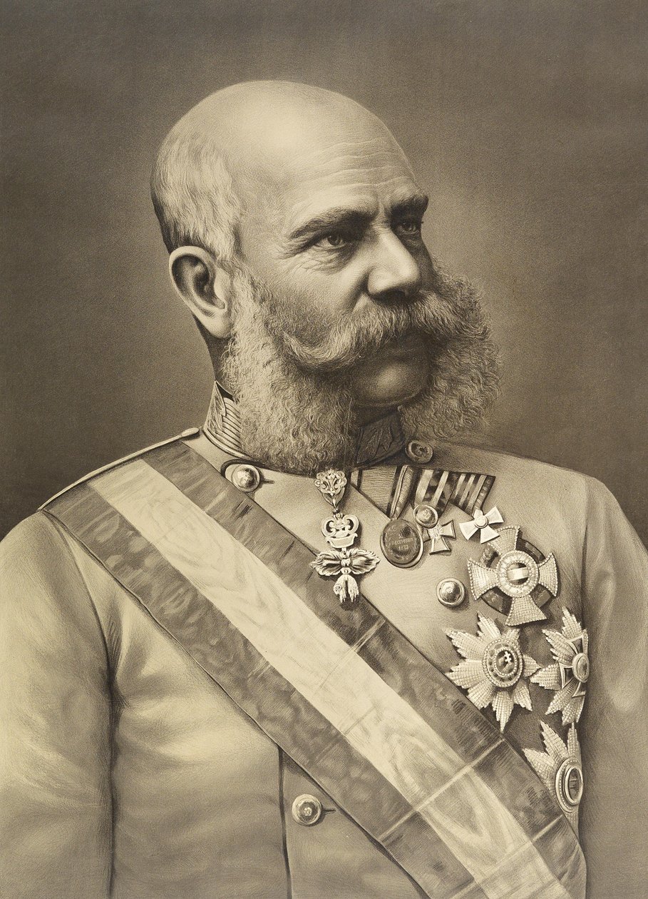 Porträttlitografi av kejsaren Franz Joseph I i uniform med medaljer av Unbekannt Unbekannt