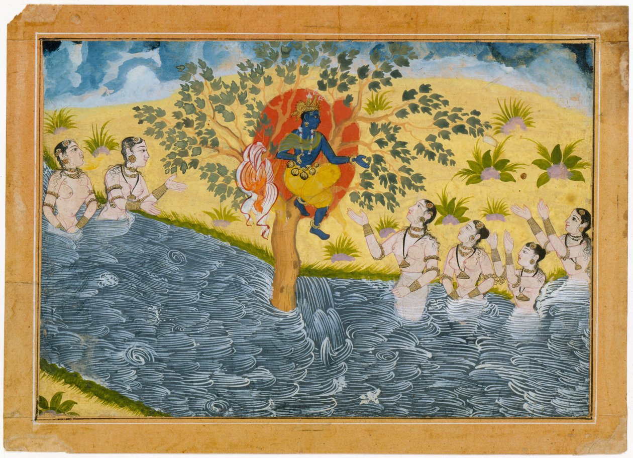 Gopierna vädjar till Krishna om att lämna tillbaka sina kläder. Folio från en serie Bhagavata Purana (Ancient Stories of Lord Vishnu). av Unbekannt Unbekannt