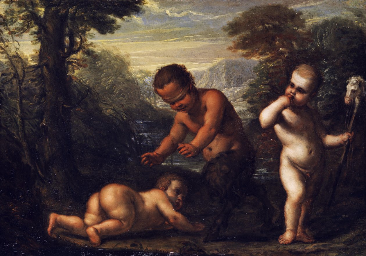 Panknabe mit verbundenen Augen im Spiel mit zwei Kindern av Unbekannt Unbekannt