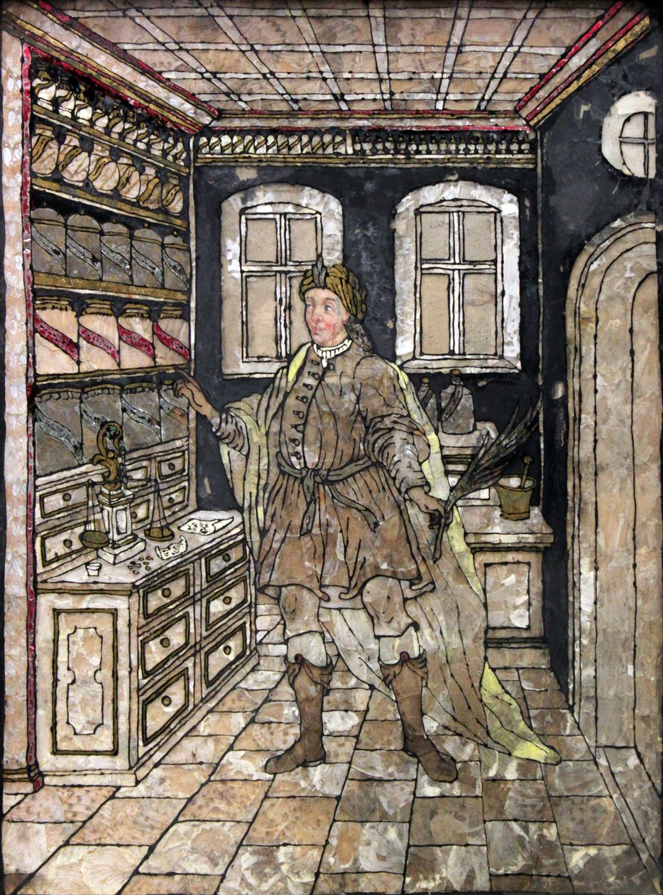Pharmacist in antique-costume in his office; painting on gelatin, underlaid by butterfly wings av Unbekannt Unbekannt