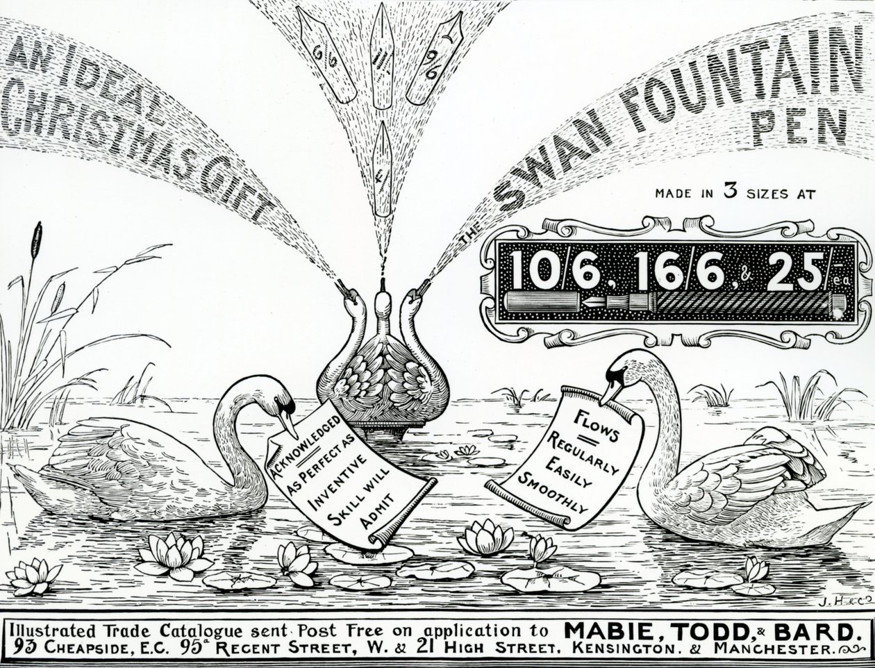 Annons för Swan reservoarpennor, från en illustrerad handelskatalog, ca 1900-10 av Unbekannt Unbekannt