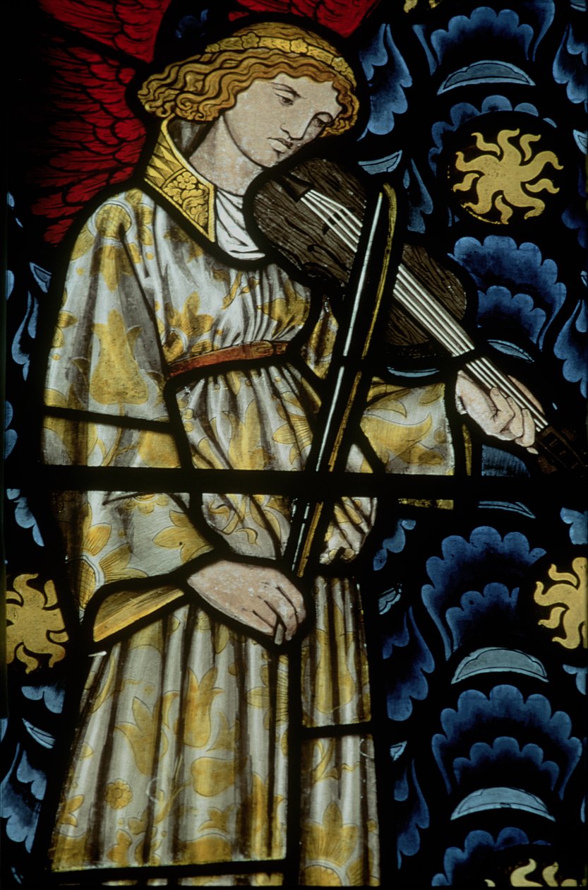 Ängel med en fiol, målat glasfönster designat av William Morris (1834-96), 1869 (se även 54932 & 77951) av Unbekannt Unbekannt