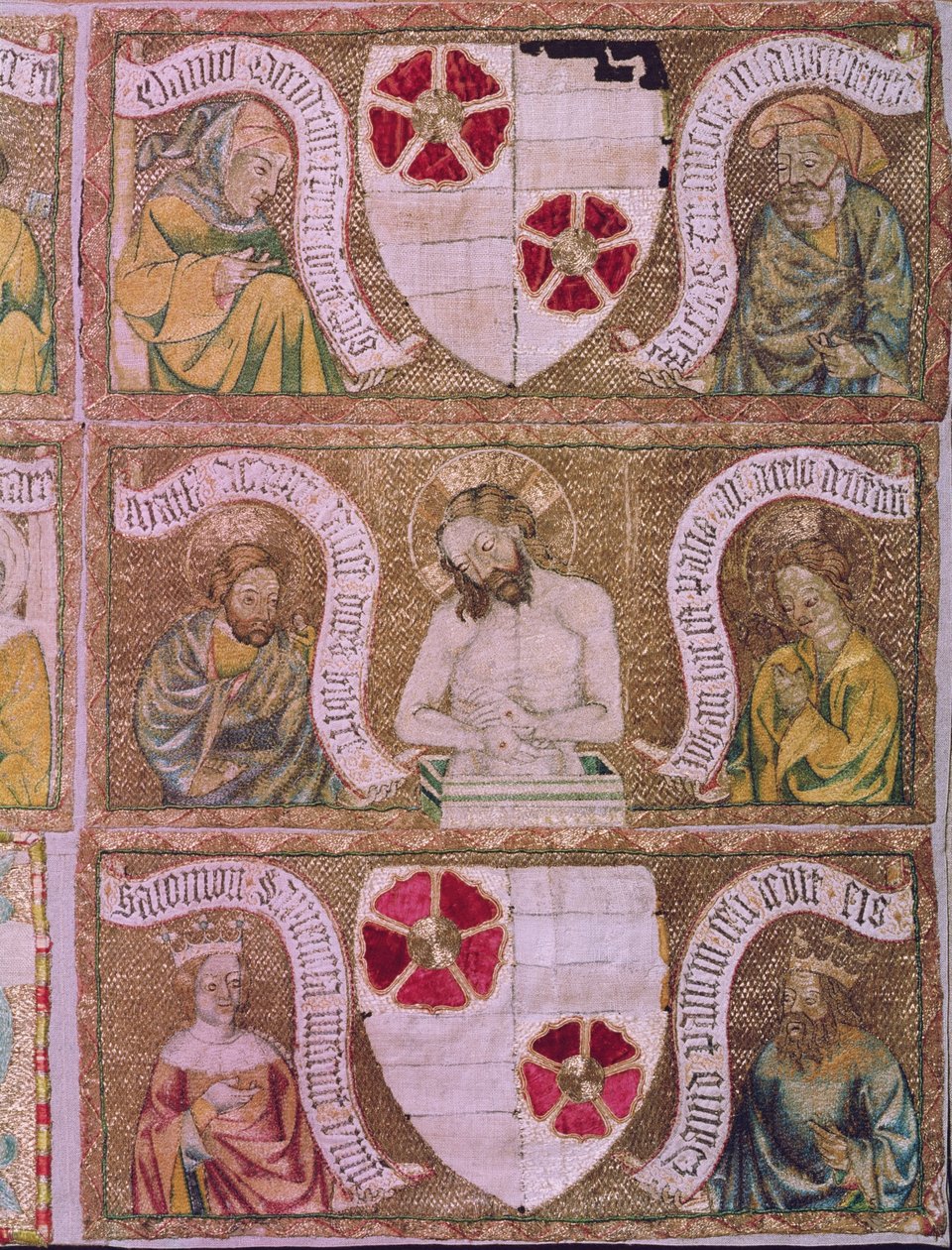 Kristus som sorgens man med St. Matteus och St. Johannes med Gamla testamentets profeter och kungar, detalj från Trebon-altarets frontal, Böhmen, ca 1370-1380 (silkeskläm på bakgrund av bäddat guld av Unbekannt Unbekannt