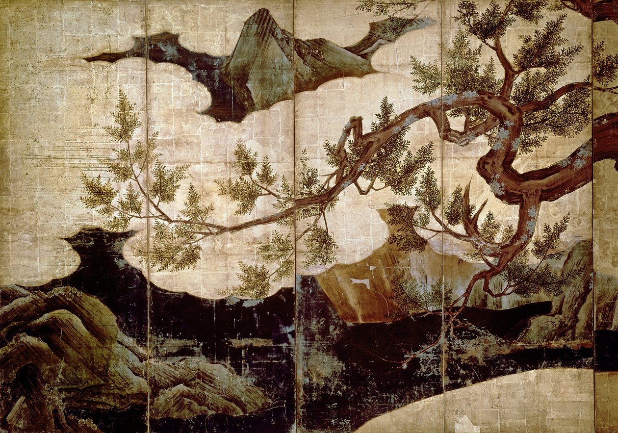 Cypress av Kano Eitoku, Muromanchi-perioden (1368-1573) (från en åttafaldig skärm, färg på bladguld papper) av Unbekannt Unbekannt