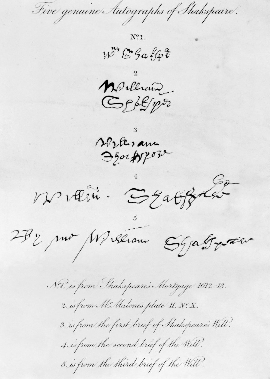 Fem äkta autografer av William Shakespeare (1564-1616) av Unbekannt Unbekannt