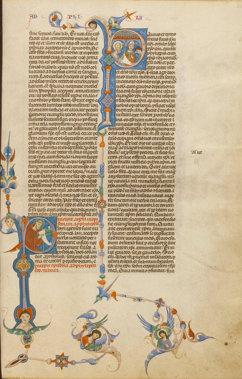 Initial P- Saint Paul; Initial P- En biskop som ger ett brev till en budbärare av Unbekannt Unbekannt