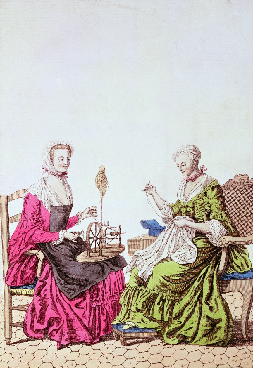 Damer som spinner och syr, ca 1765 (färggravyr) av Unbekannt Unbekannt