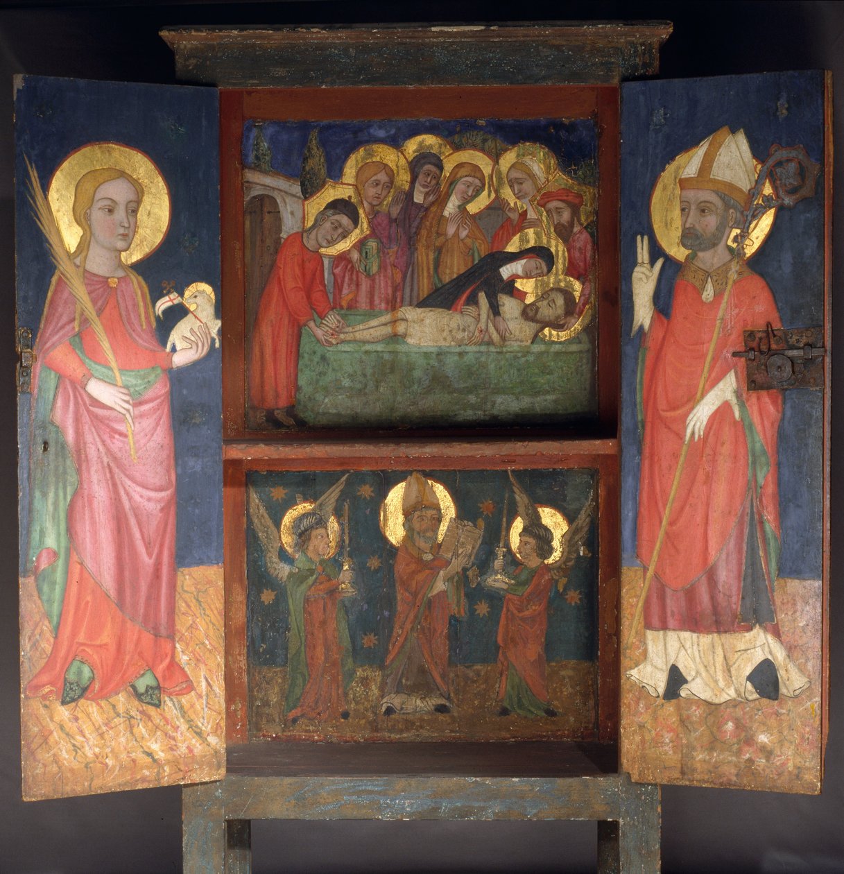 Liturgiskt skåp med den heliga begravningen, Saint Agnes och en biskop Saint av Unbekannt Unbekannt