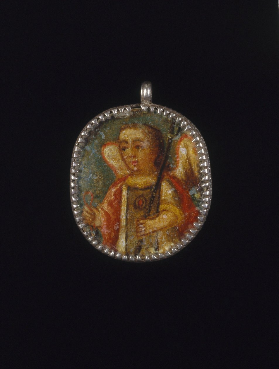 Målad medaljong i Locket Frame, Recto- Angel, Verso- Saint Barbara med attribut av ett slott till ... av Unbekannt Unbekannt