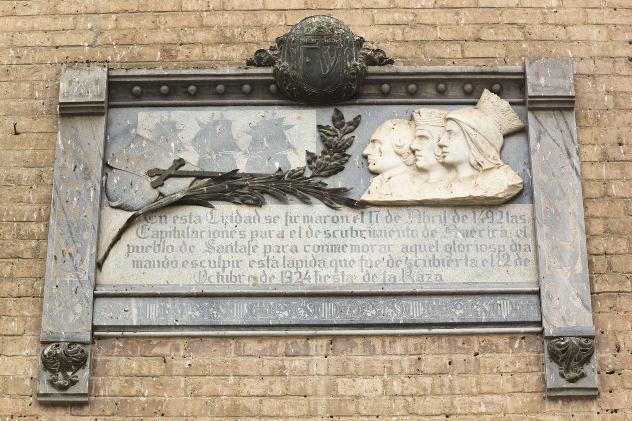 Plakett till minne av undertecknandet av ett kontrakt mellan de katolska monarkerna och Christopher Columbus den 17 april 1492, vilket resulterade i den europeiska upptäckten av den nya världen av Unbekannt Unbekannt