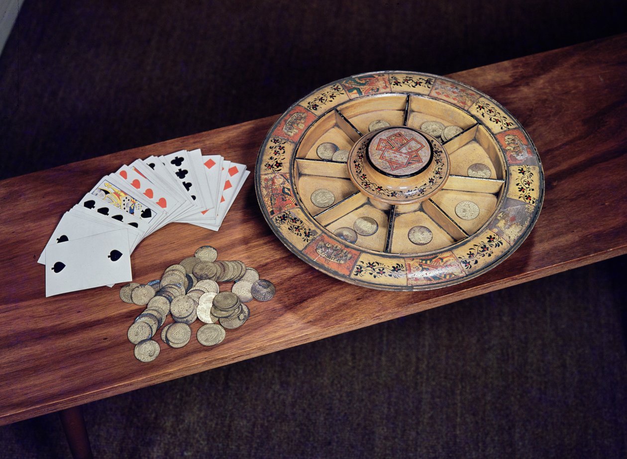 Pope Joan Board, kort och speldiskar, mixed media från mitten av 1800-talet av Unbekannt Unbekannt