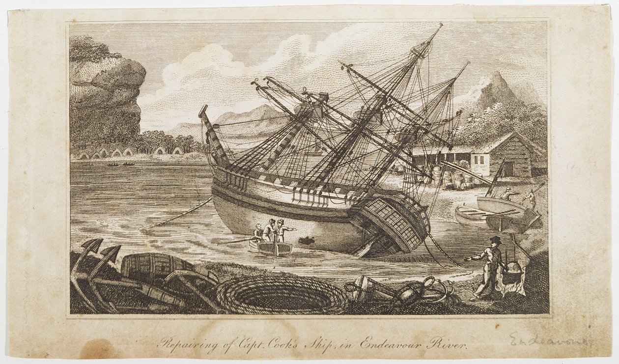 Reparation av Captain Cooks fartyg i Endeavour River av Unbekannt Unbekannt