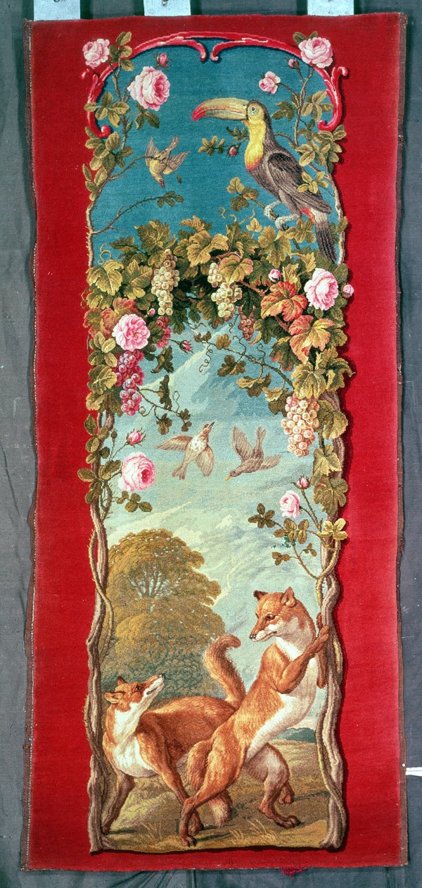 Skärmpanel som visar Aesops fabel The Fox and the Grapes, Savonnerie gobeläng, mitten av 1700-talet av Unbekannt Unbekannt