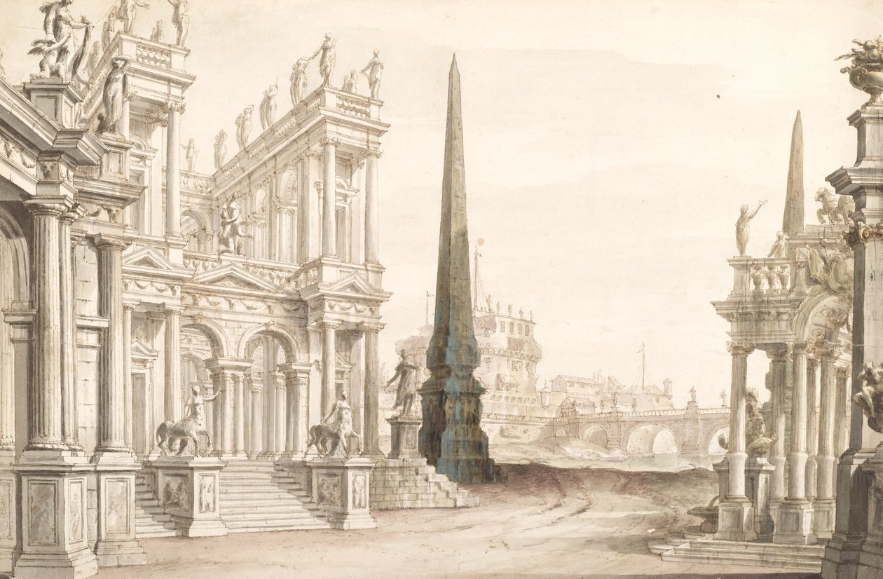 Scenografi som visar Fantasy of Rome med Castel Sant Angelo, Ponte Elio och Centaurs Ari ... av Unbekannt Unbekannt