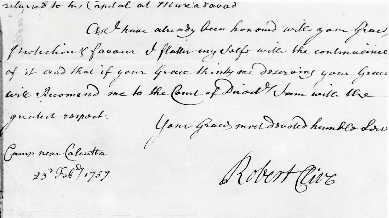 Signatur av Robert Clive (1725-74) 1757 (bläck på papper) av Unbekannt Unbekannt