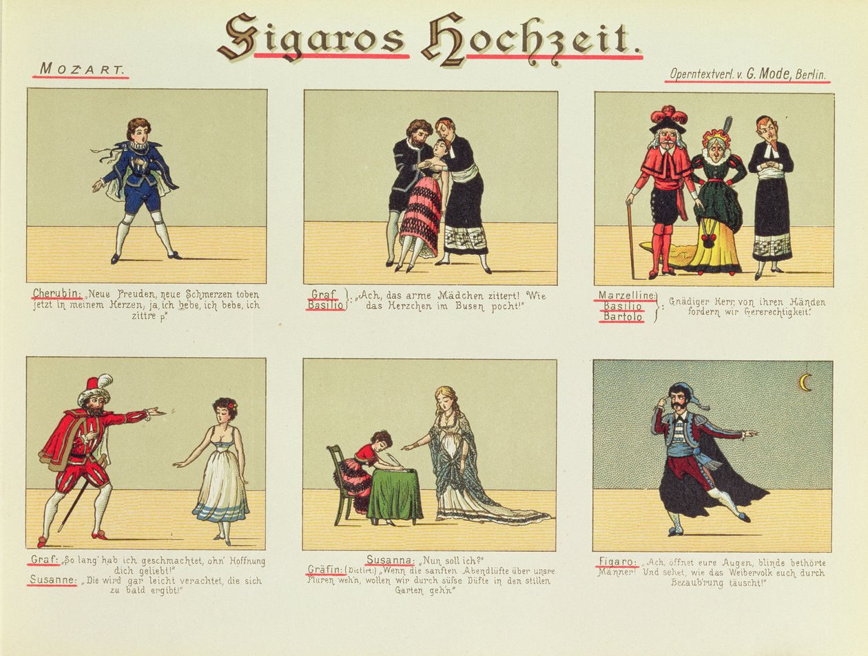Sex scener ur operan "Figaros bröllop", av Wolfgang Amadeus Mozart (1756-91) av Unbekannt Unbekannt