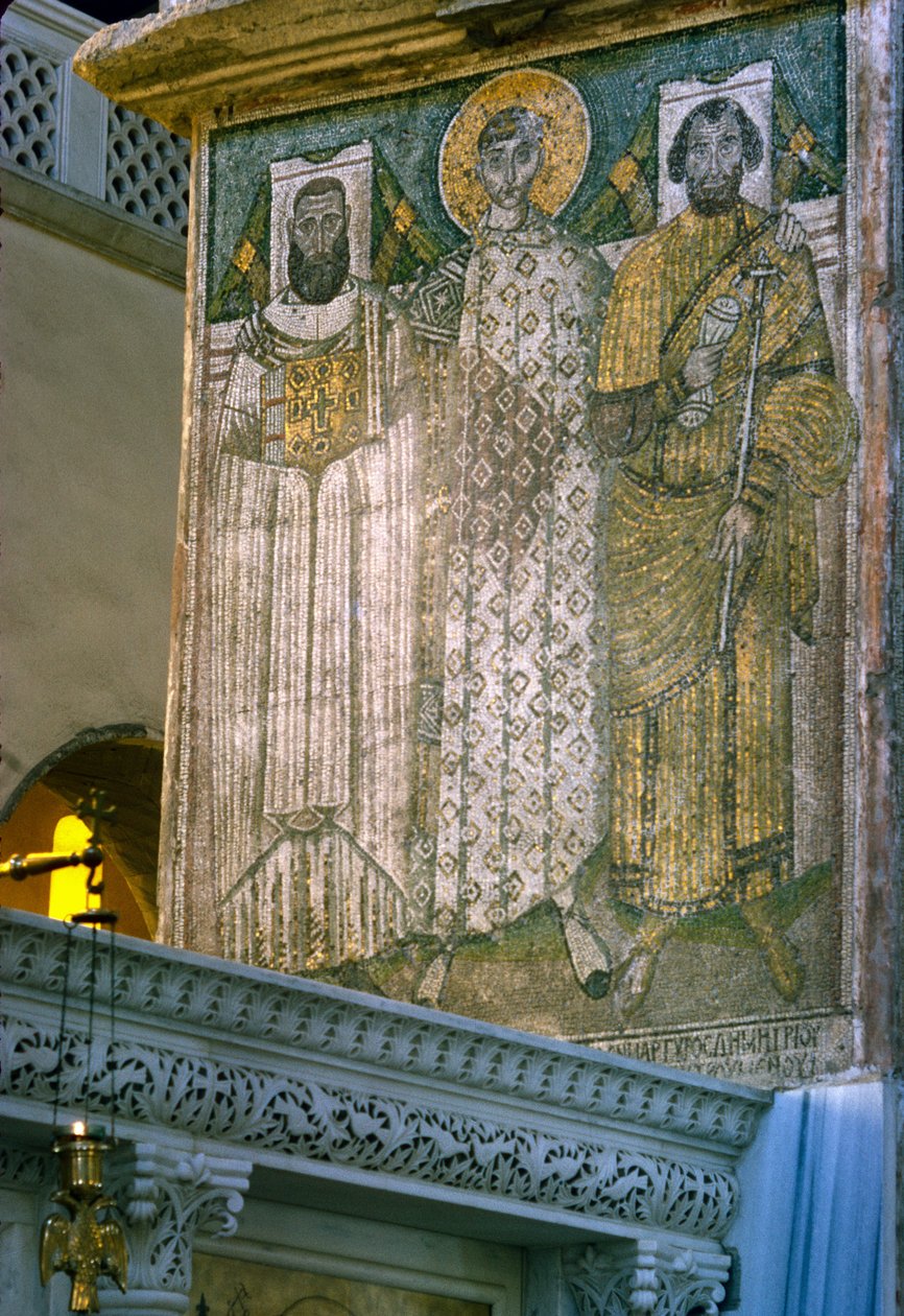 St Demetrius och givare, mosaik i kyrkan Agios Georgios av Unbekannt Unbekannt
