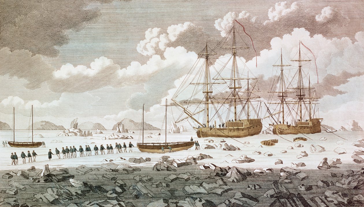 "Racehorse" och "Carcass", under befäl av Constantine John Phipps, Lord Mulgrave (1744-92), fastnade i isen vid Spitzbergen på sin resa för att hitta en nordlig väg till Indien, graverad av Eas av Unbekannt Unbekannt
