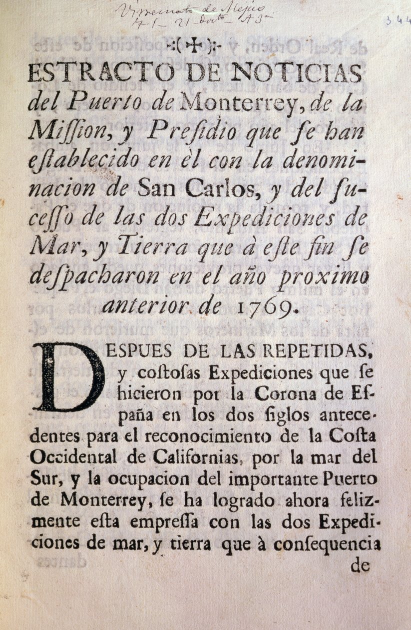 Den första sidan av den officiella redogörelsen för Portola-expeditionen 1769-70 (tryckt papper) av Unbekannt Unbekannt
