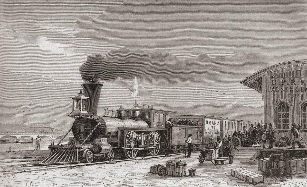Järnvägsstationen i Omaha, Nebraska, startpunkten för Pacific Railroad, som den var 1867, illustration från 