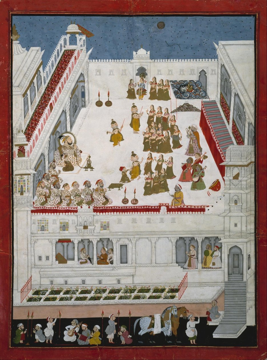 Okänd indian - Maharana Jagat Singh II och adelsmän tittar på Raslila -dansdramorna av Unbekannt Unbekannt