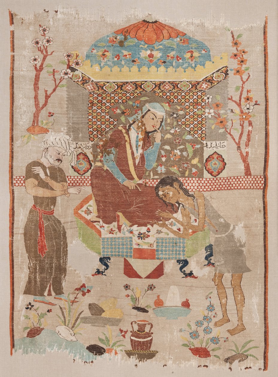Okänd, Iran, 1500- eller 1500 -talet - Silk Tapestry Avbildar historien om Leila och Majnun av Unbekannt Unbekannt