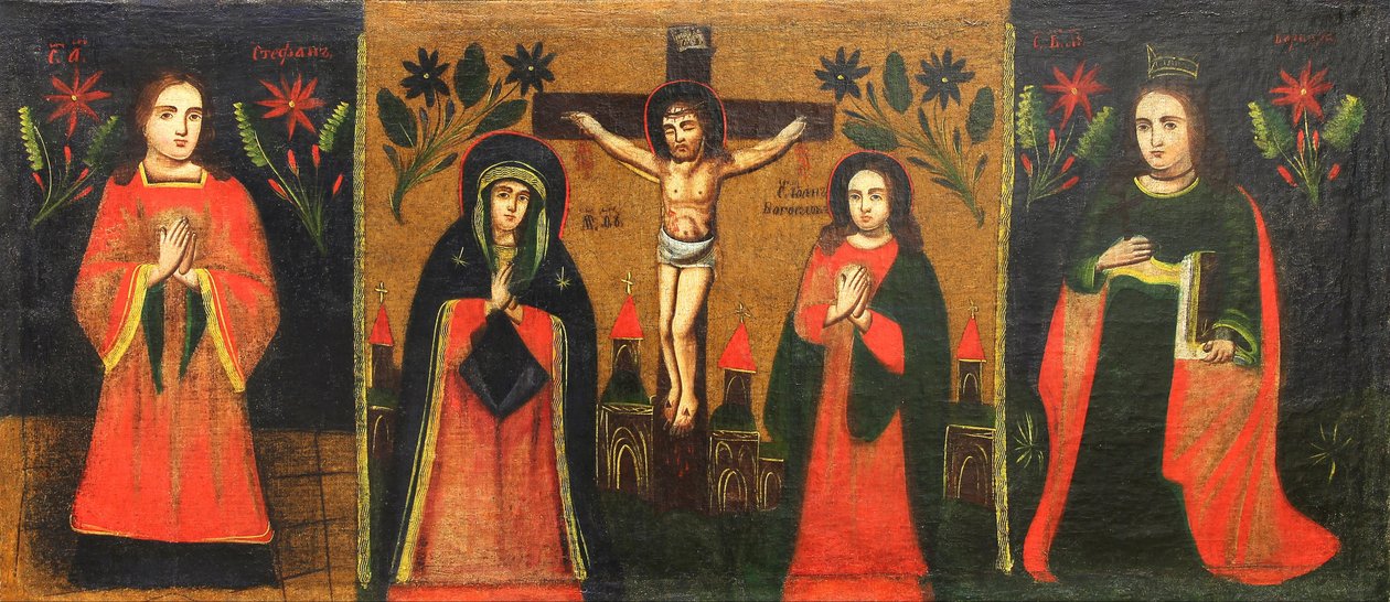 Okänd målare - Saint Stephan; Korsfästelse med den stående jungfrun och Johannes den gudomliga; Saint Varvara av Unbekannt Unbekannt