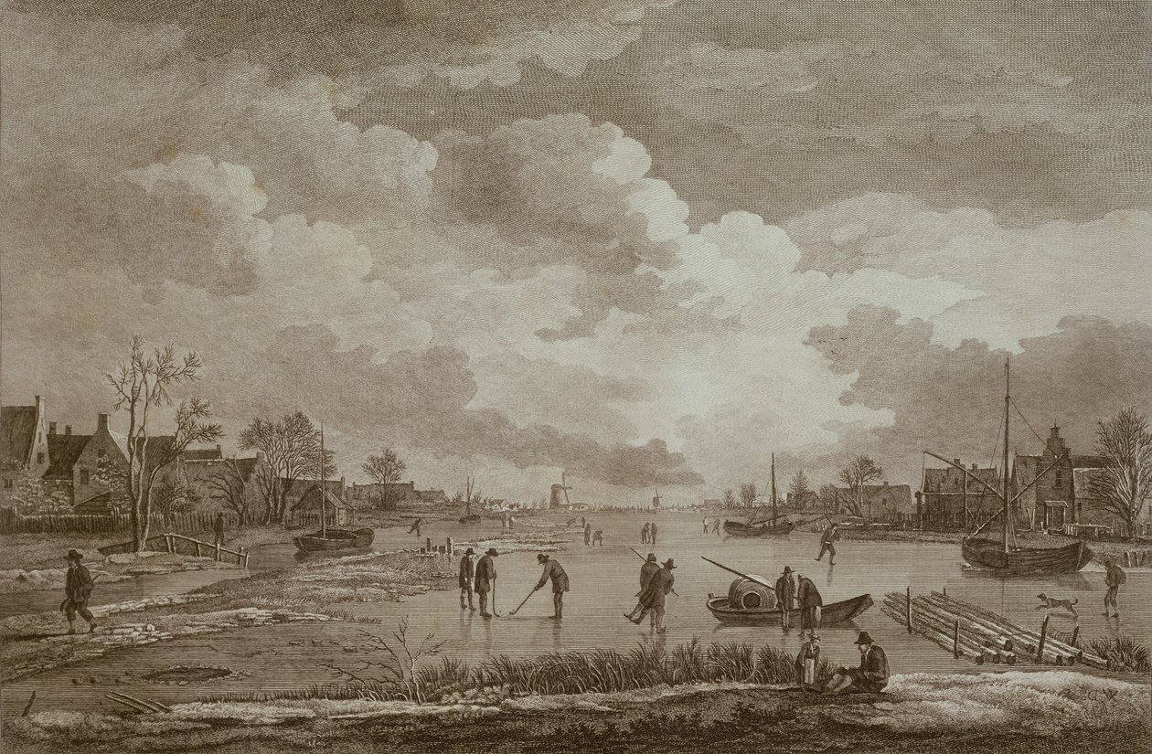 Vinter, Golf på is, kopparstick av Van Drever, c.1753 av Unbekannt Unbekannt
