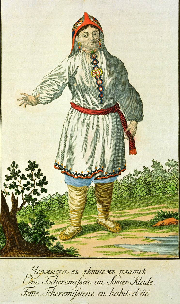 Kvinnlig bondes sommardräkt, Cheremes Tribe, rysk, 1700-tal av Unbekannt Unbekannt