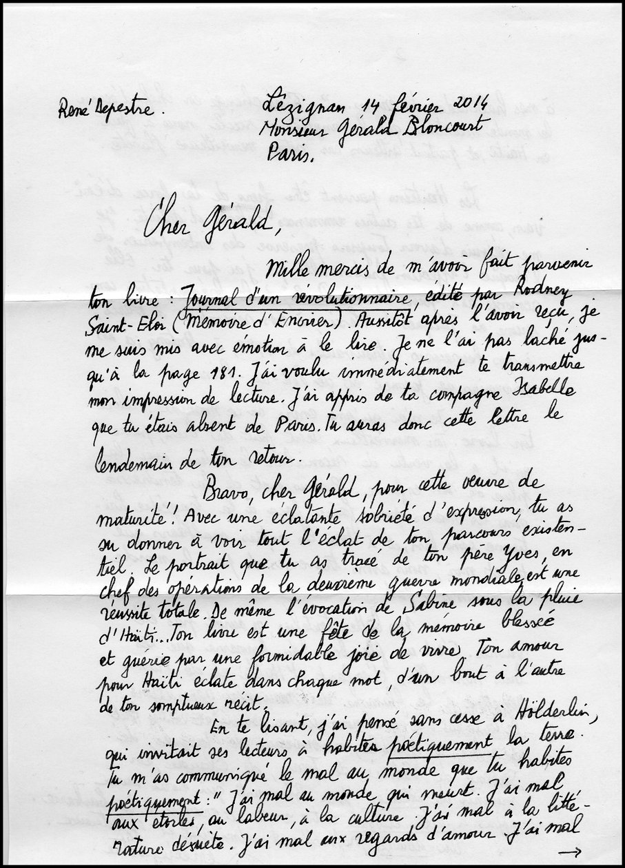 16534N BREV FRÅN RENE DEPESTRE A SIDAN 1 OM HANS BOKJOURNAL D UN REVOLUTIONAIRE 2014? av Unbekannt