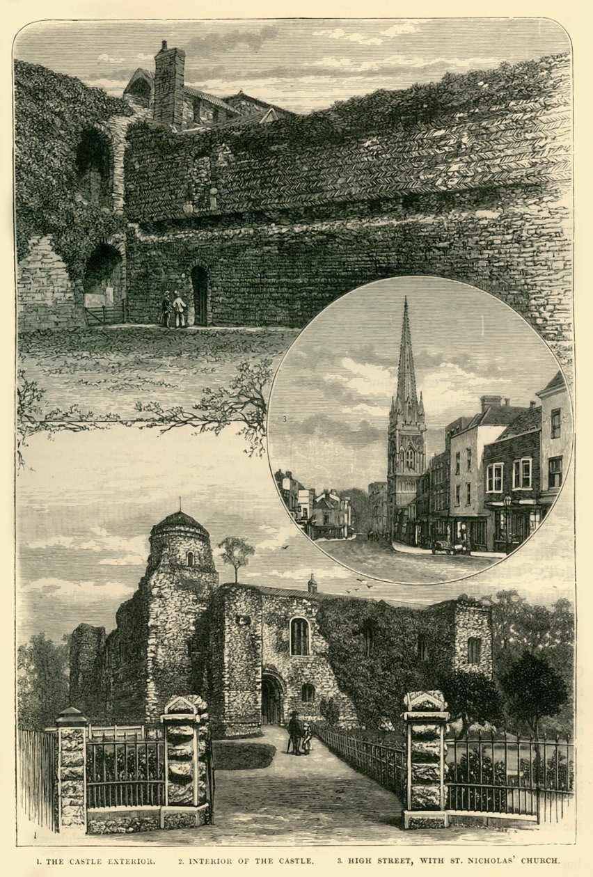 1. Slottets exteriör. 2. Slottets interiör. 3. High Street, med St. Nicholas Church, 1898 av Unbekannt