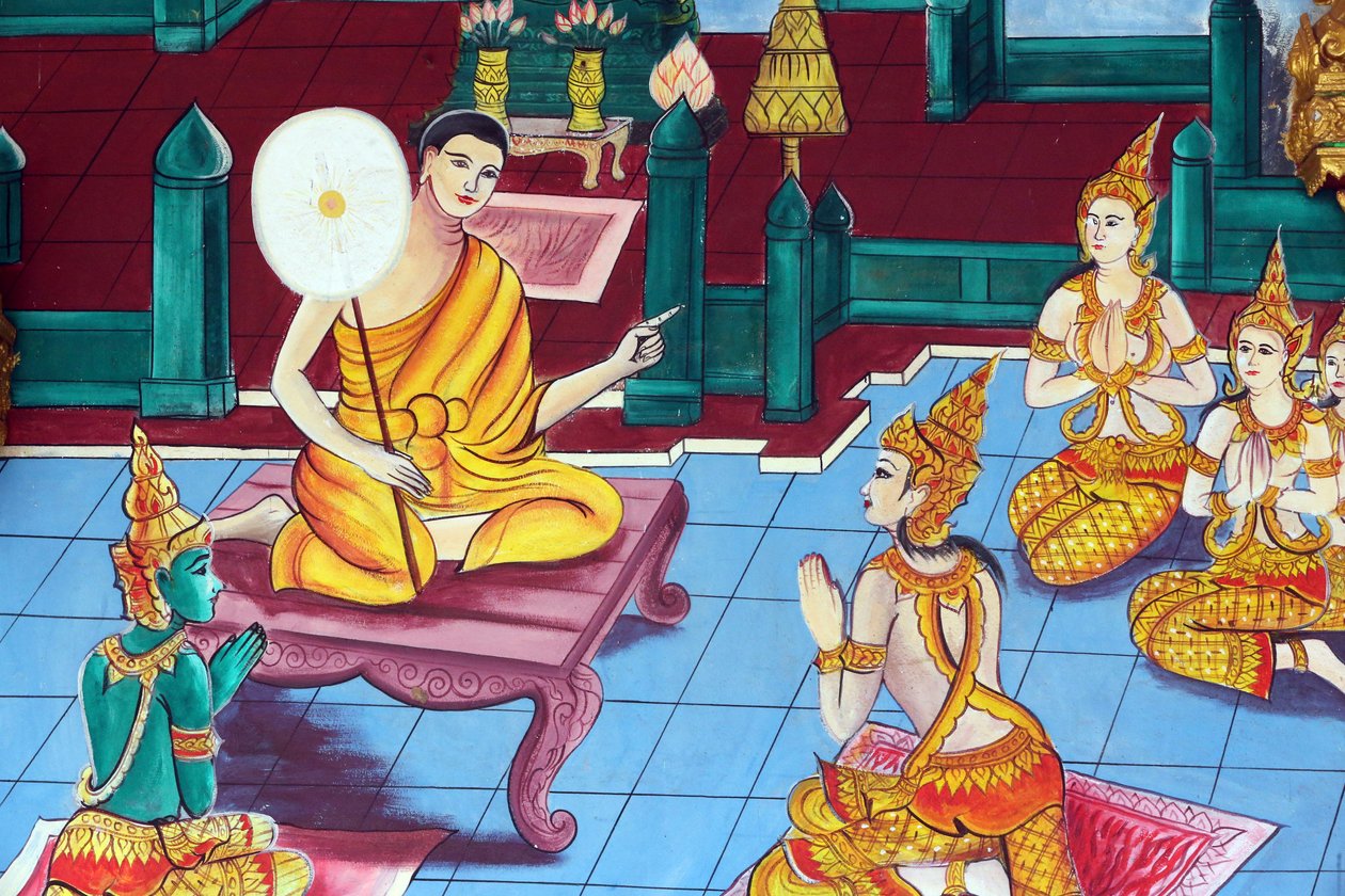 20151029, Vientiane, Laos: Wat Inpeng buddhisttempel. Målning som skildrar Shakyamuni Buddhas livshistoria av Unbekannt