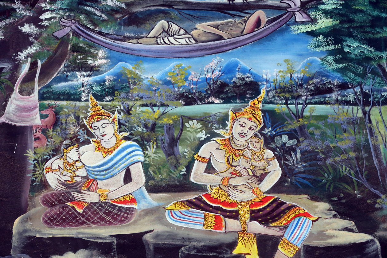 20151029, Vientiane, Laos: Wat Inpeng buddhisttempel. Målning som skildrar Shakyamuni Buddhas livshistoria av Unbekannt