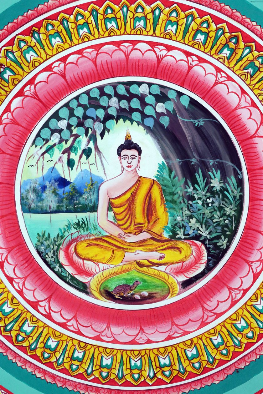 20151029, Vientiane, Laos: Wat Inpeng buddhisttempel. Målning som skildrar Shakyamuni Buddhas livshistoria. Buddha sitter i meditationsställning av Unbekannt