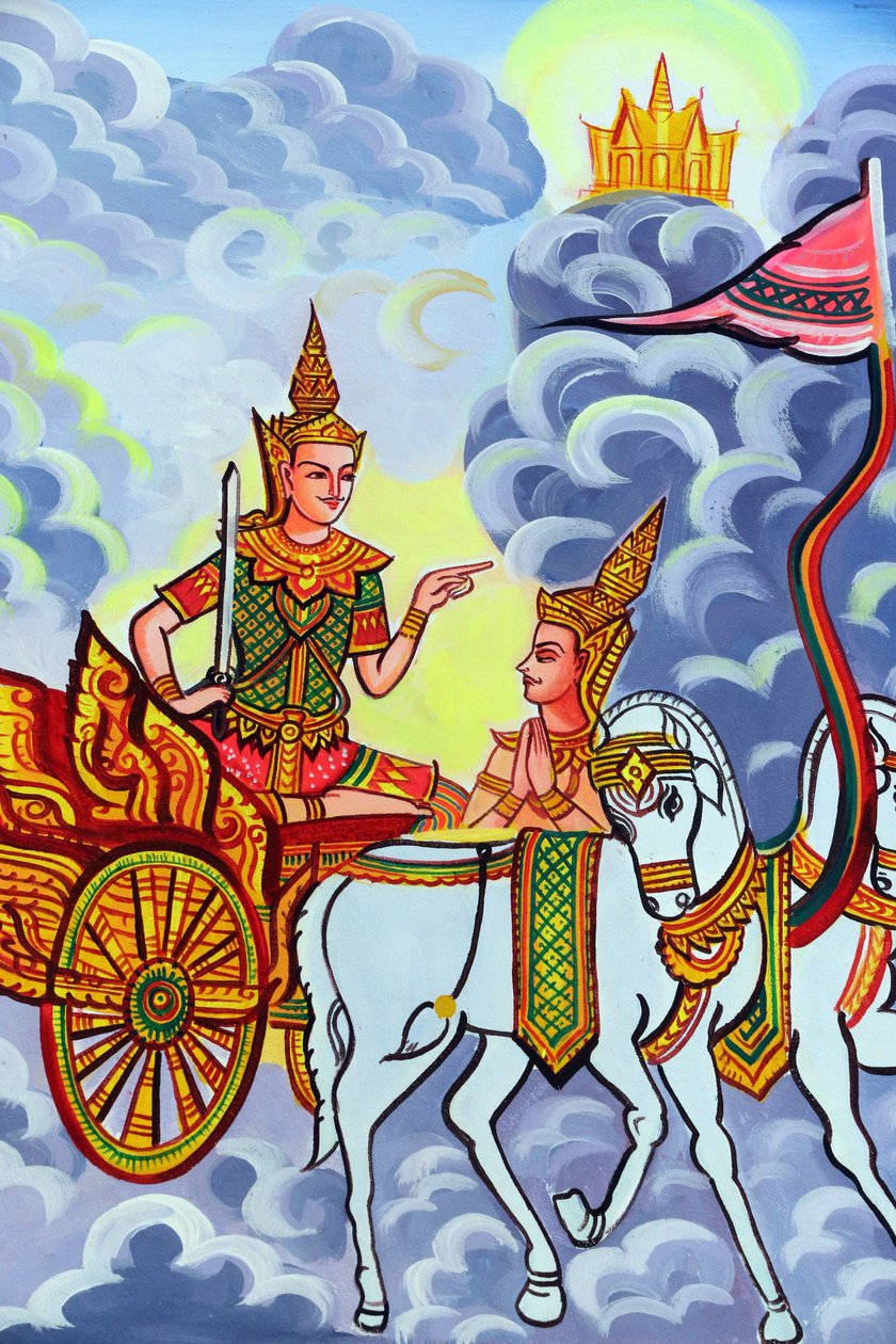 20151029, Vientiane, Laos: Buddhisttemplet Wat Si Muang (Simuong). Målning som skildrar Shakyamuni Buddhas livshistoria av Unbekannt
