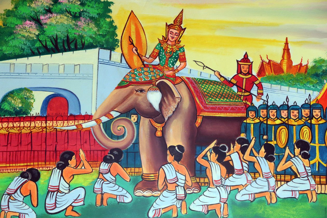 20151029, Vientiane, Laos: Buddhisttemplet Wat Si Muang (Simuong). Målning som skildrar Shakyamuni Buddhas livshistoria av Unbekannt