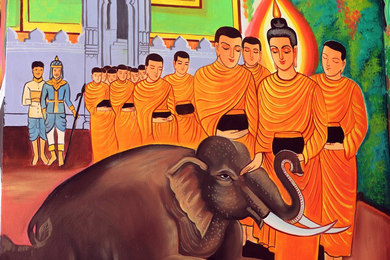 20151029, Vientiane, Laos: Buddhisttemplet Wat Si Muang (Simuong). Målning som skildrar Shakyamuni Buddhas livshistoria. En vild elefant som tämjas av kärleksfull omtanke av Unbekannt