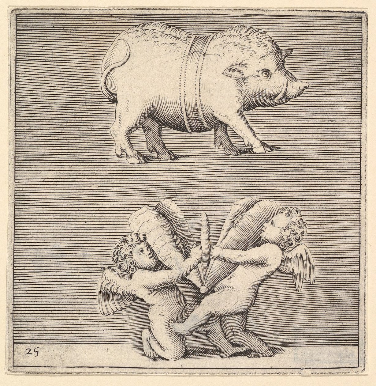 En bältad gris och två amoriner eller genier med en fjäril eller mal, publicerad ca. 1599-1622. av Unbekannt