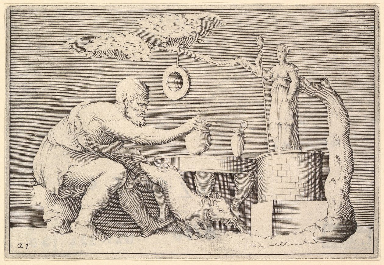 En faun eller satyr som förbereder en gris för offer, publicerad ca. 1599-1622. av Unbekannt